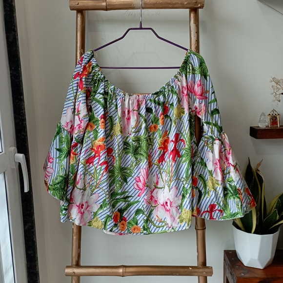 Off Shoulder Floral Striped Top - Picture 3 of 9